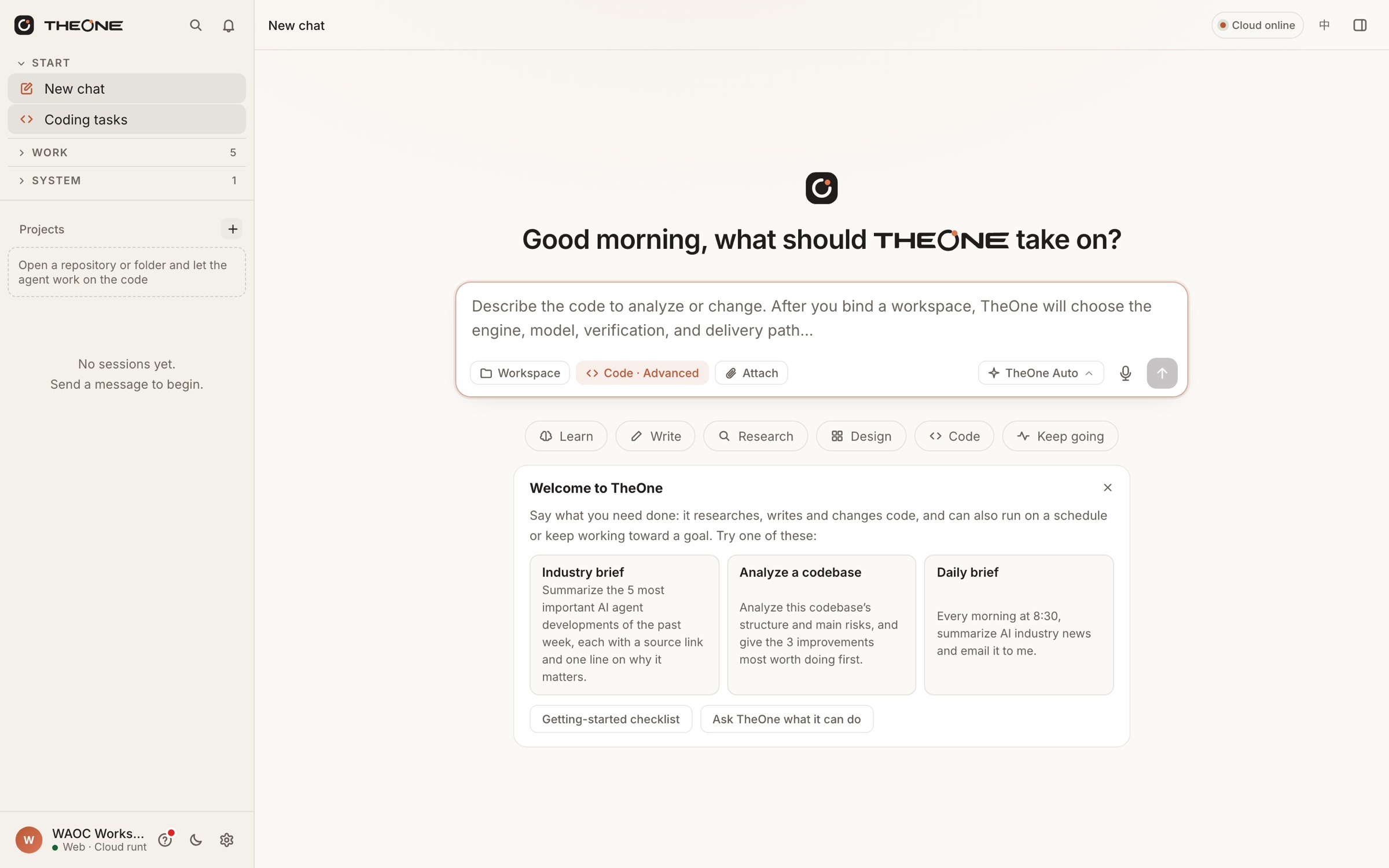 TheOne coding workspace: repository setup and task interface with example content